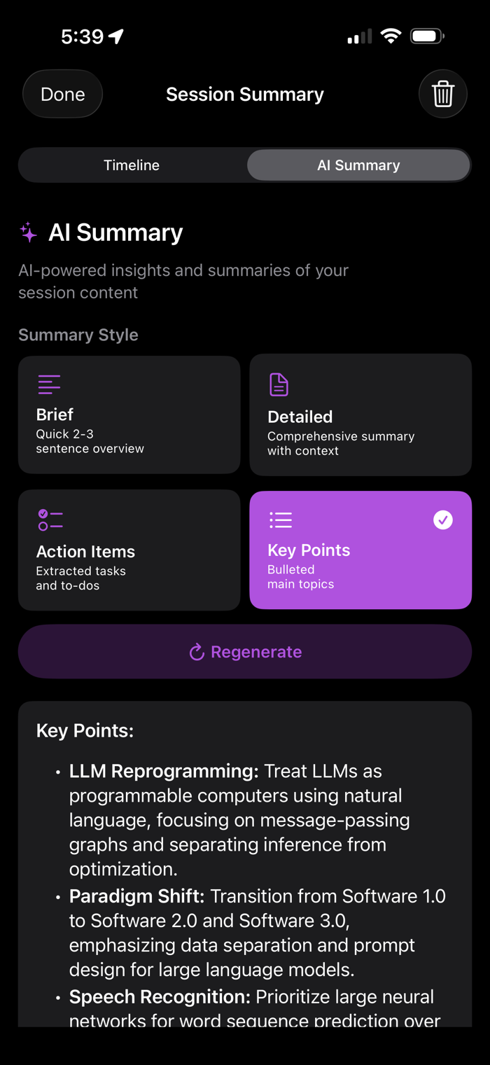 The AI Summary tab with four summary styles and generated key points