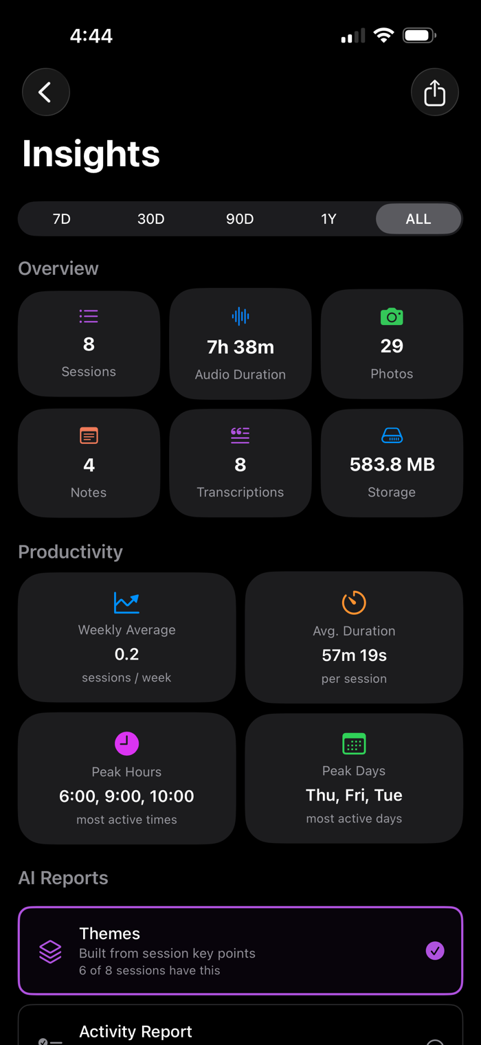 The Insights screen showing session statistics and cross-session AI reports