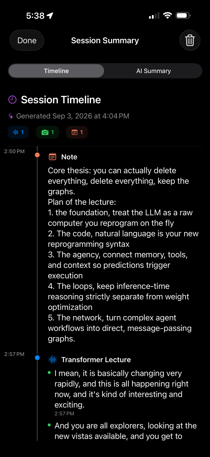 A session timeline listing a note and a transcribed recording against their timestamps
