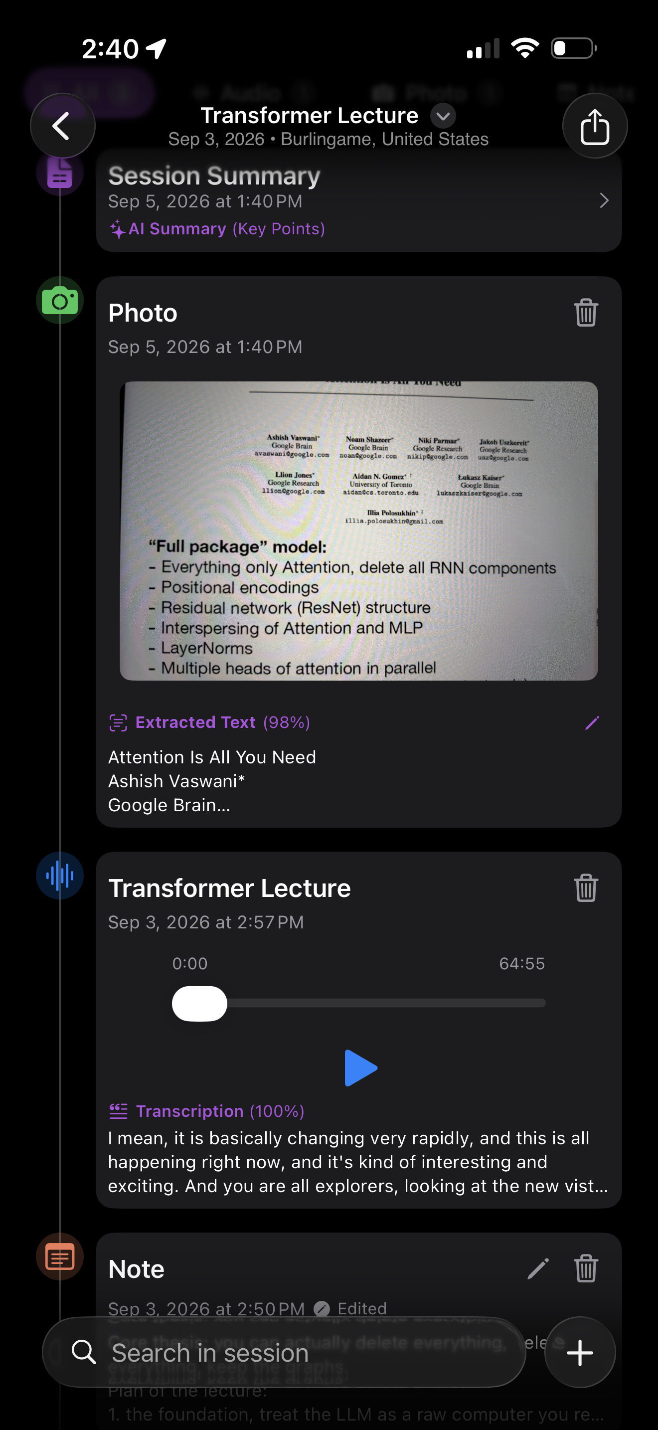 A Sommaire session showing a summary, a photo with extracted text, an audio recording with its transcription, and a note